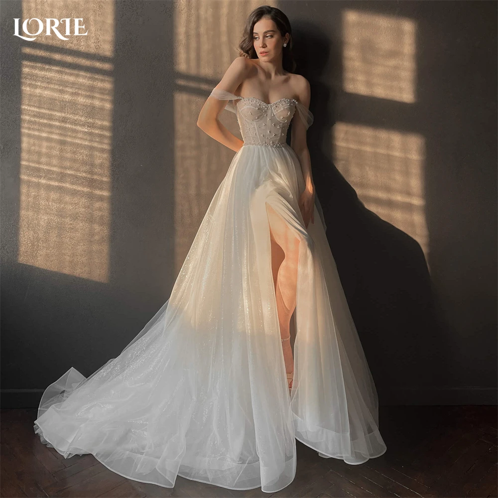 

LORIE Sexy Glitter Tulle Wedding Dresses Sweetheart Off Shoulder Luxury High Side Slit Bridal Gowns Pageant Princess Bride Dress