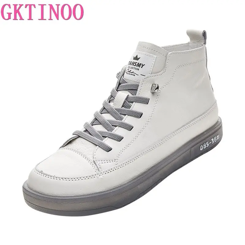 GKTINOO Women Genuine Leather Sneakers Spring Lace-up Casual White Shoes Autumn Cow Leather Ladies High Top Vulcanized Shoes