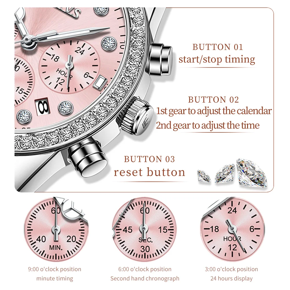 Olevs Merk Mode Roze Quartz Horloge Voor Vrouwen Roestvrij Staal Waterdichte Lichtgevende Kalender Luxe Chronograaf Horloges Dames