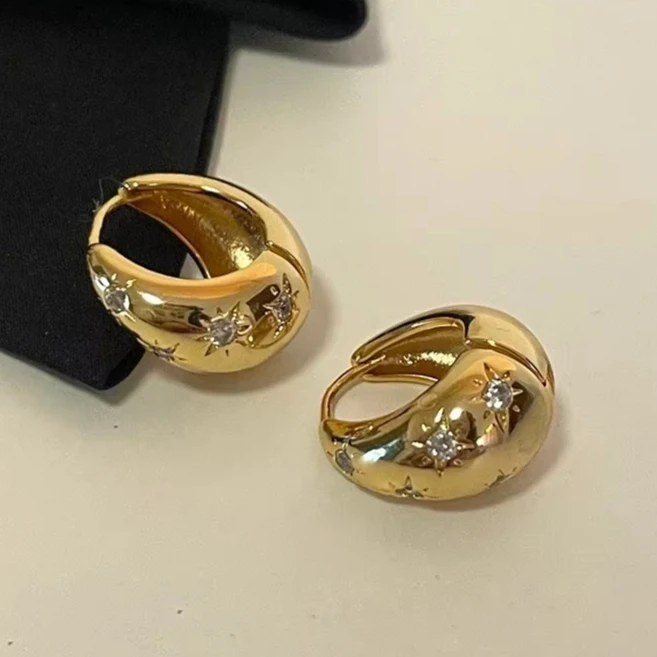 

Real 925 Sterling Silver 14K Gold Zircon Star Water Drop Hoop Earrings for Women Classic Fine Jewelry Minimalist Accessories