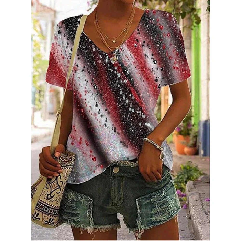 2024 Summer 5XL Women\'s T-Shirt Vintage Casual Black Fashion V Neck Pullover Short Sleeve Printed Loose Daily Tops Design Clothe