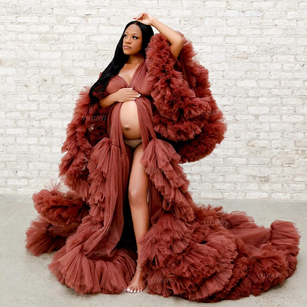 Customized Fluffy Women Robe Perspective Sheer Tulle See Through Long Dressing Gowns Fluffy Maternity Dress Pregnant Photoshoot