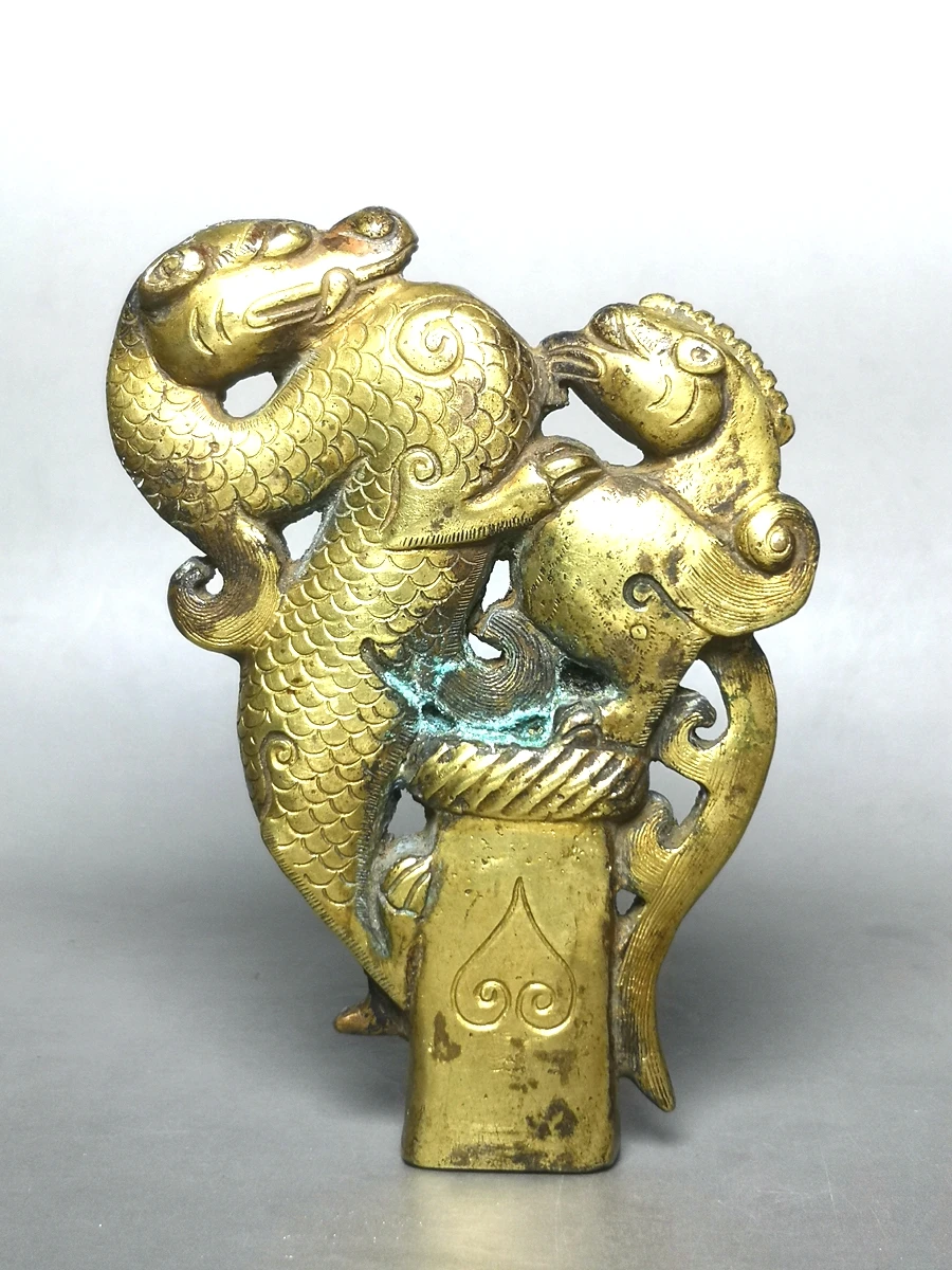 

Height 4 inch Old Ancient Chinese Bronze Gilt Carving Animal Dragon and Phoenix Crutch Handgrip Statue Collection Gift