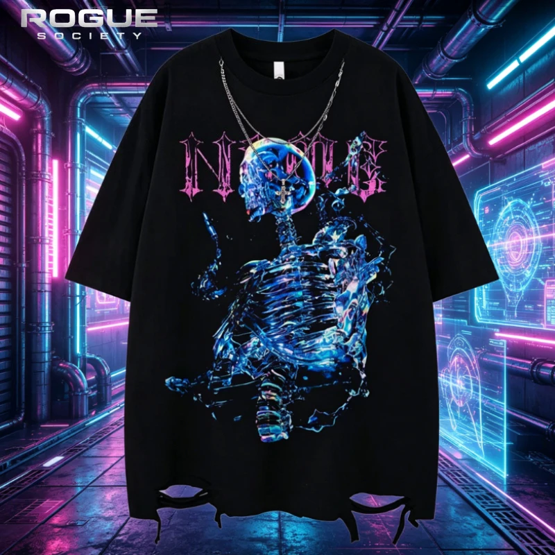 Grunge Summer Y2K Skeleton Gothic Print Men Tshirt Hip Hop Harajuku Ripped Bottom Hem Streetwear Punk Rock Casual Tees Unisex