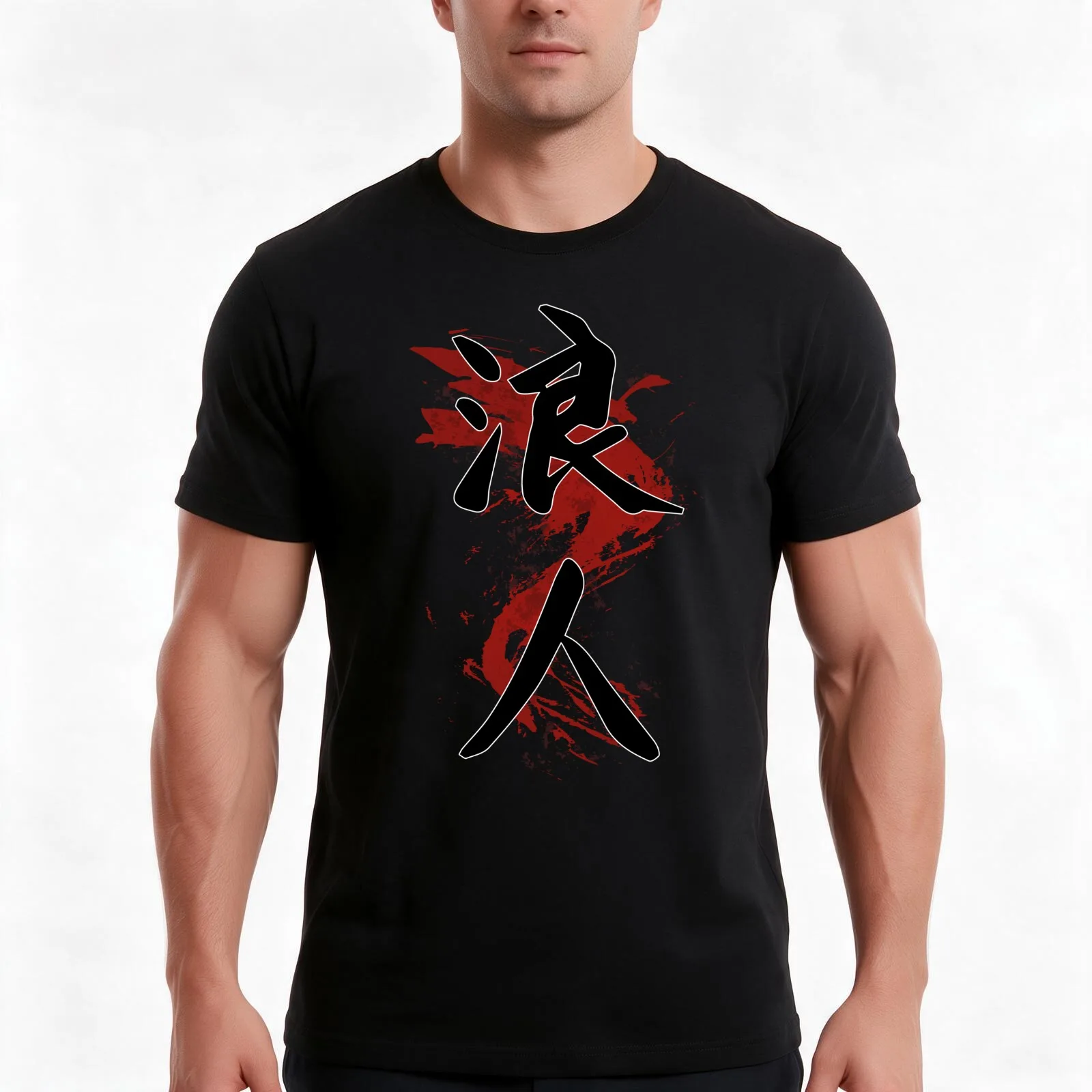 Ronin Kanji T-Shirt, Summer Casual Cotton Tee, Oversized Streetwear Tops, Vintage Graphic Print, Loose Fit Short Sleeve