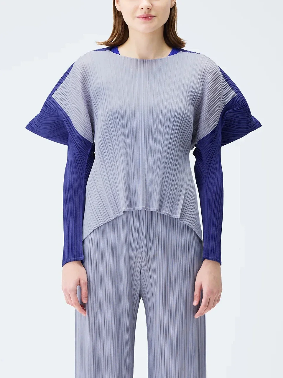 

Складной женский плиссированный топ Miyake с круглым вырезом и длинными рукавами квадратной формы, комбинации цветов, свободный топ