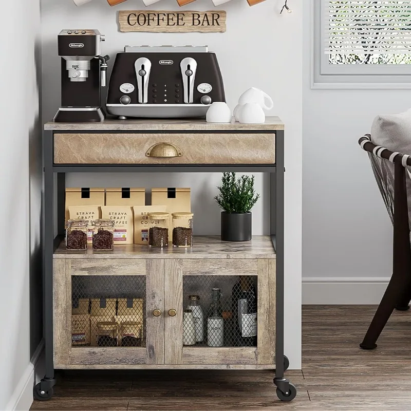 Coffee Bar Cabinet，3 Tiers Kitchen Coffee Cart with Drawer for The Home, Movable Farmhouse Ktichen Station Table on Wh
