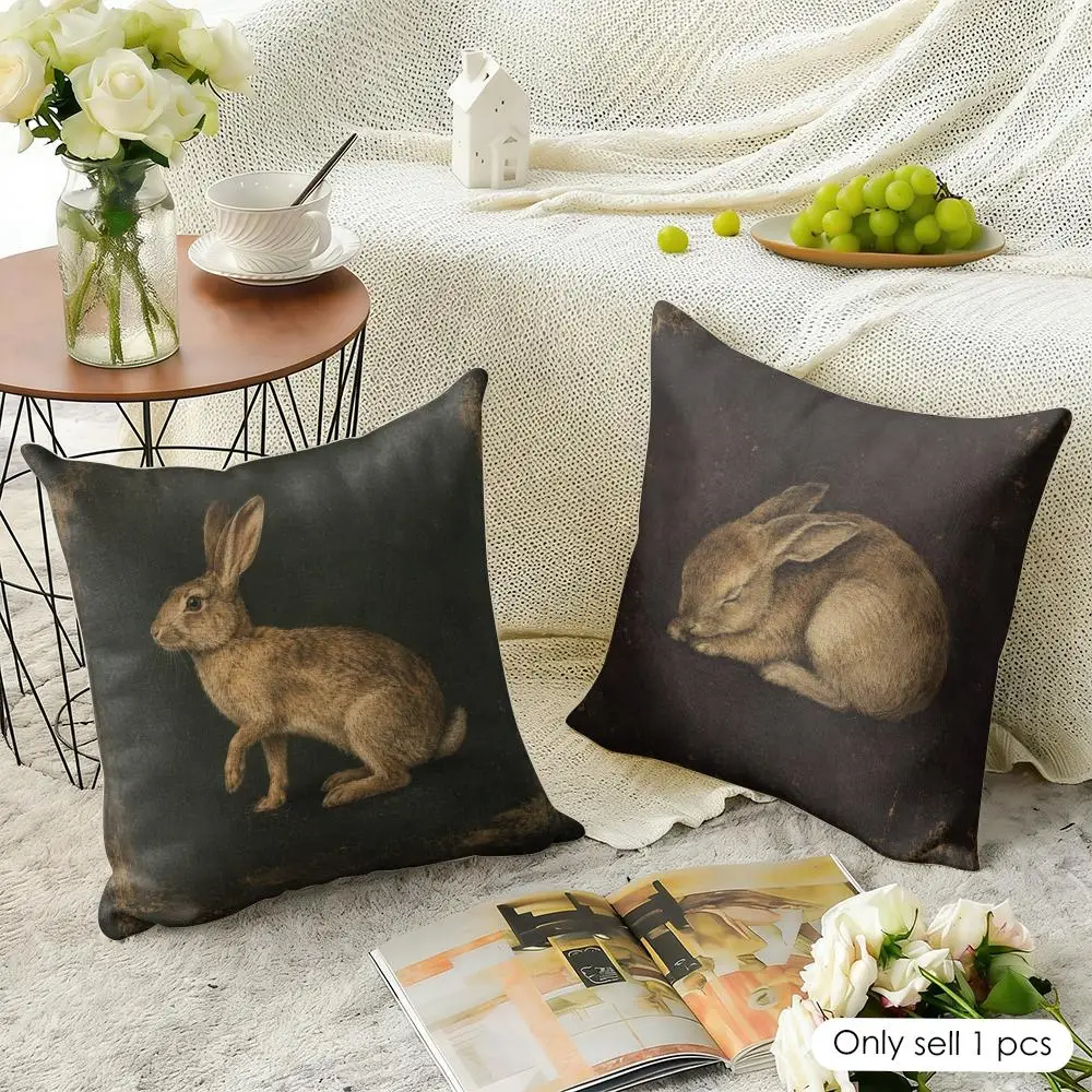 Vintage Leaping Rabbit Cushion Cover Natural Linen Organic Fabric Double-Sided Printing Breathable Perfect For Home Decor