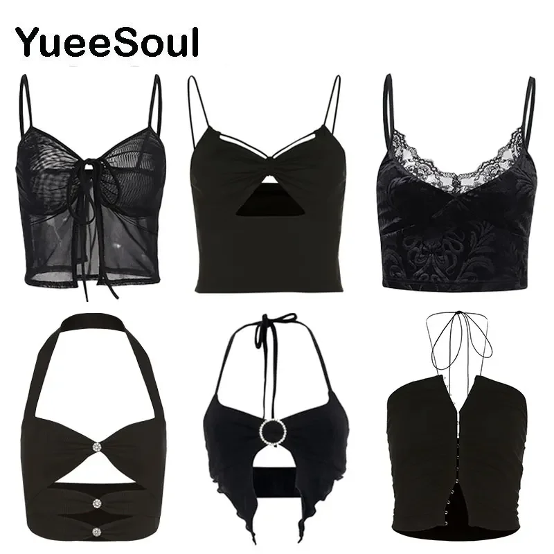 Black Women Crop Tops 2023 New Summer Sleeveless Sexy Corset Top Y2K Casual Sweet High Street 90s E Girl Tank Top Women Clothing