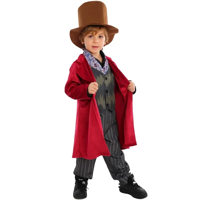 Movie Chocolate Factory Willy Cosplay Costume Children Red Coat Pants Scarf Hat Full Set Kids Willy Role Play Suit Halloween