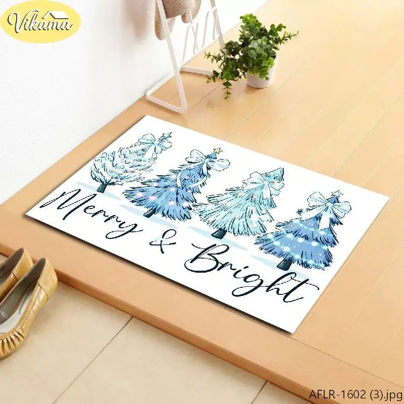 Blue Bow Christmas Tree Doormat, Machine Washable Non Slip Entryway Mat, Festive Holiday Decorative Rug, Front Door Home Decor