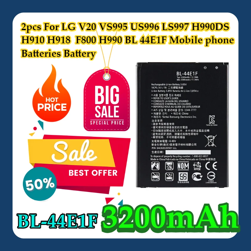 

2 шт. для LG V20 VS995 US996 LS997 H990DS H910 H918 F800 H990 BL 44E1F Аккумуляторы для мобильных телефонов BL-44E1F 3200 мАч Аккумулятор