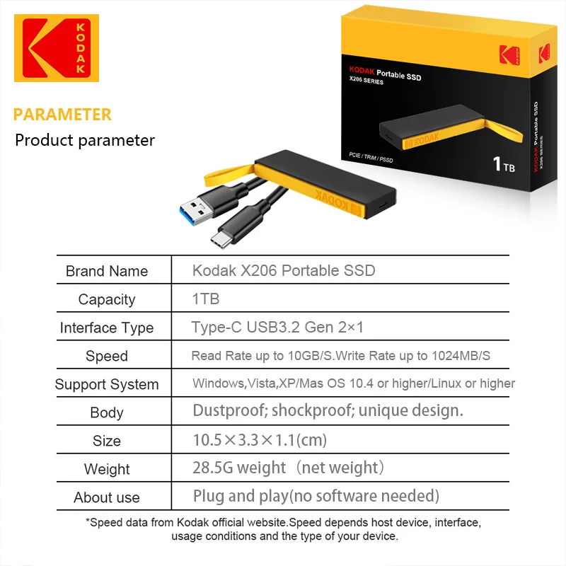 KODAK X206 1TB External SSD Hard Drive Flash USB 3.2 1000Mb/s Portable SSD 128GB 256GB 512GB Mini PSSD for Laptop PS5 Xbox
