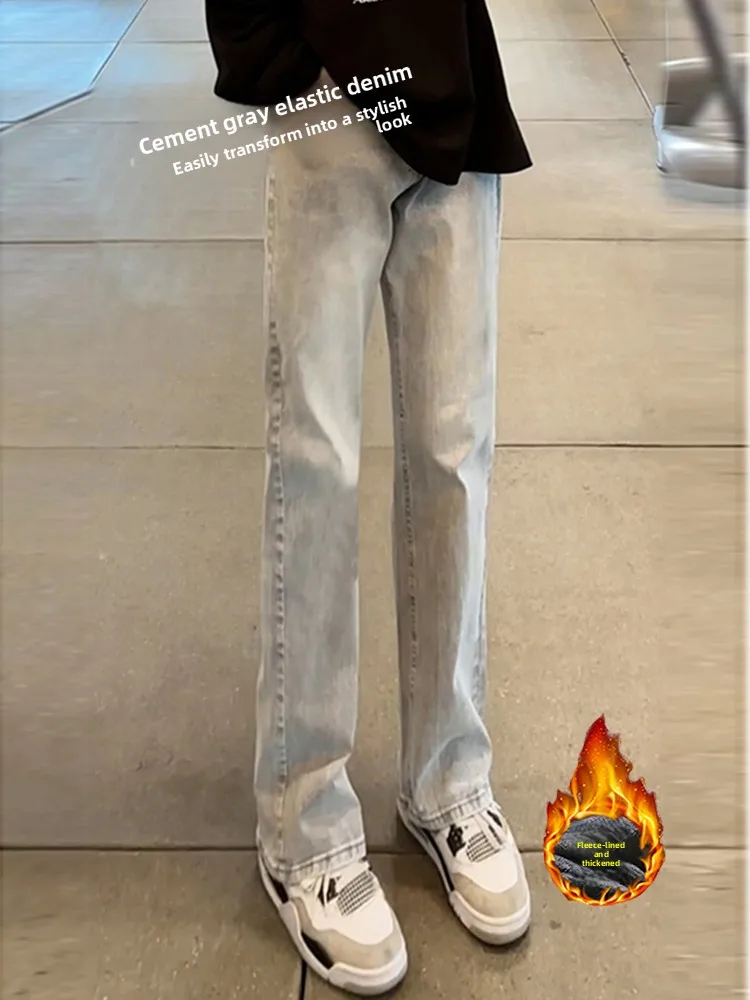 

Fce Lined Men's Jeans ey Cement Autumn Winter High Waist Slimming Long Leg Knife Straight Leg Trousers