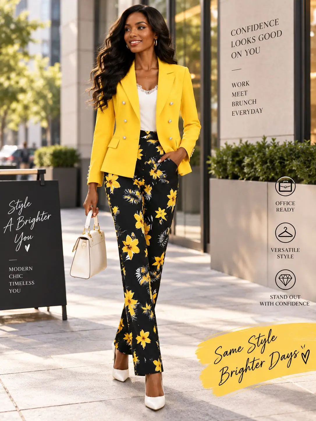 Women Double Breasted Blazer Pants Suit Set Silver Button Notched Lapel Solid Yellow Blazer Black Floral Print Straight Leg Trousers Elegant Business Office Party Casual Two‑Piece Outfit