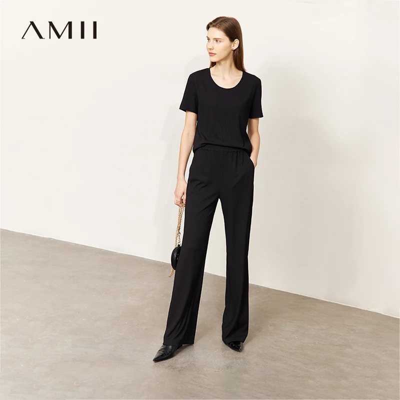

Женские широкие брюки Amii, летняя новинка 2026, полосатая футболка с U-образным вырезом, вязаный топ на бретельках, отдельные универсальные брюки, женские 12642168