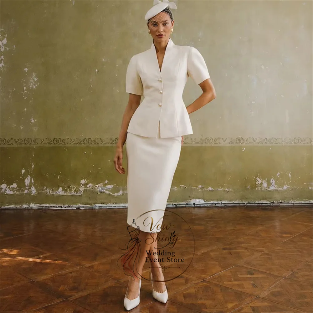 Vow Shiny Customized Modern Short Sleeves Wedding Dresses Tea-Length Satin 2 Pieces Single Breasted Civil Bridal Gown 2027