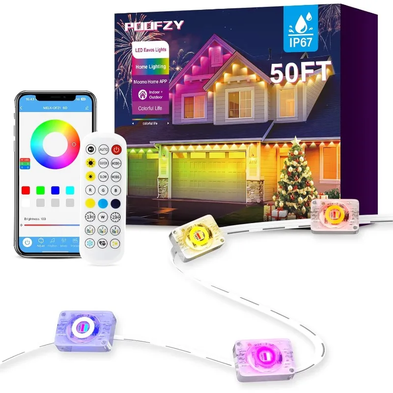 

Permanent Outdoor Lights for House, 50ft RGB+IC Smart Outdoor Decor, 50 Scene Modes, App/Remote Control, IP68 Waterproof