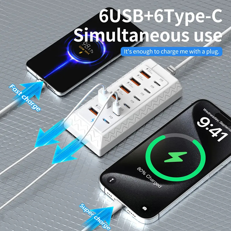 

6A6C USB Type-C HUB Power Outlet Adapter Docking Stations Multi Port Desktop HUB Phone Fast Charging