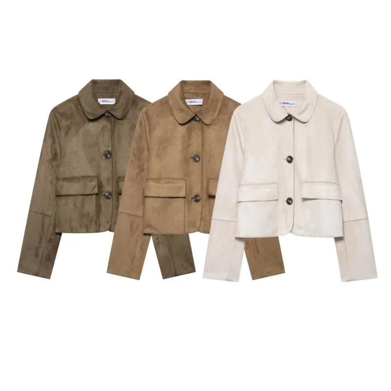 

HipSeam Women Faux Sued Cropped Jacket With Button Autumn Turn Down Collar Long Sleeve Casual Pocket Simple Female Jackets
