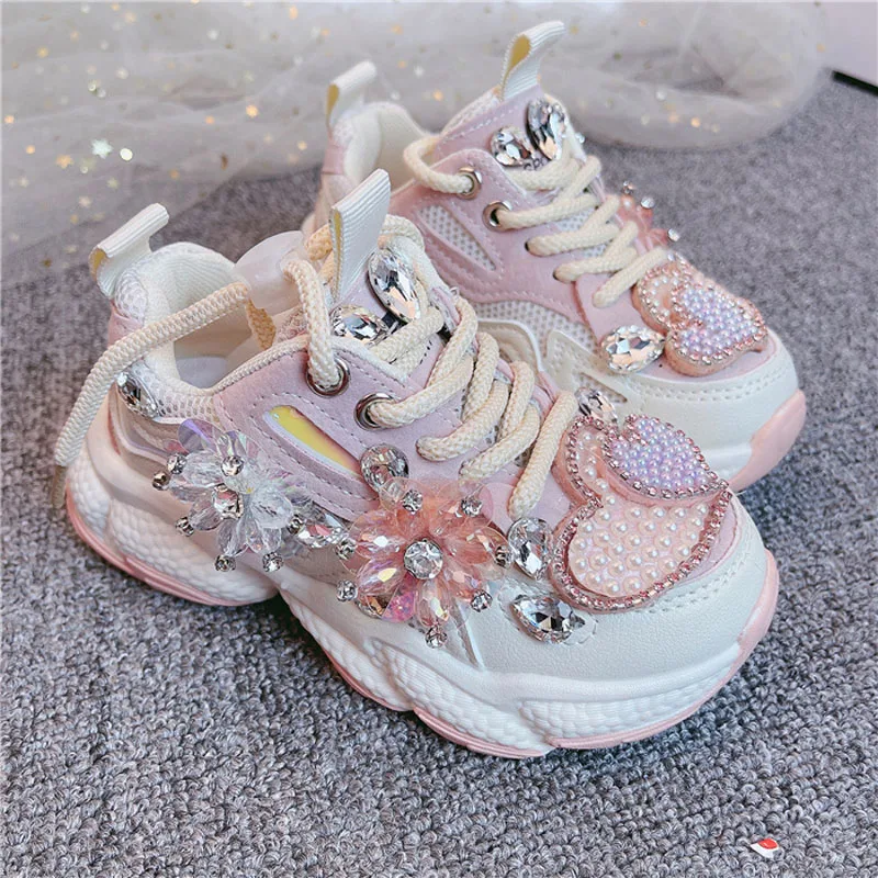 Kids Sneakers 2023 Girls Spring Fashion Casual Running Sports Trainers Brand Breathable Children Pink Pearl with diamond Flats