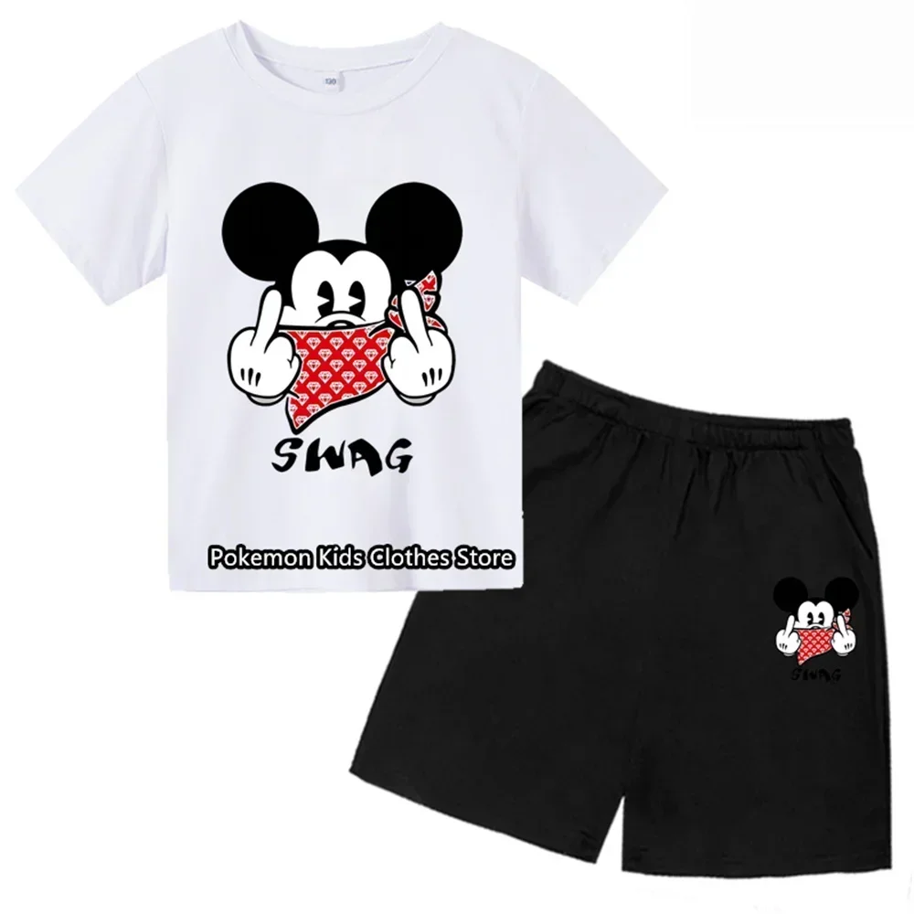 2024 Summer Mickey Mouse Short Sleeve Shorts Kids Boys and Girls Short Sleeve Shorts Two-piece Set Fashion T-shirt Set