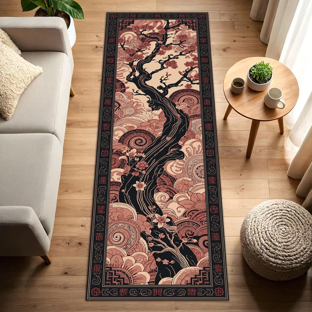 Japanese Style Blossom Tree Runner Rug Vintage Floral Wave Print Non Slip Area Rug for Living Room Bedroom Hallway Home Decor
