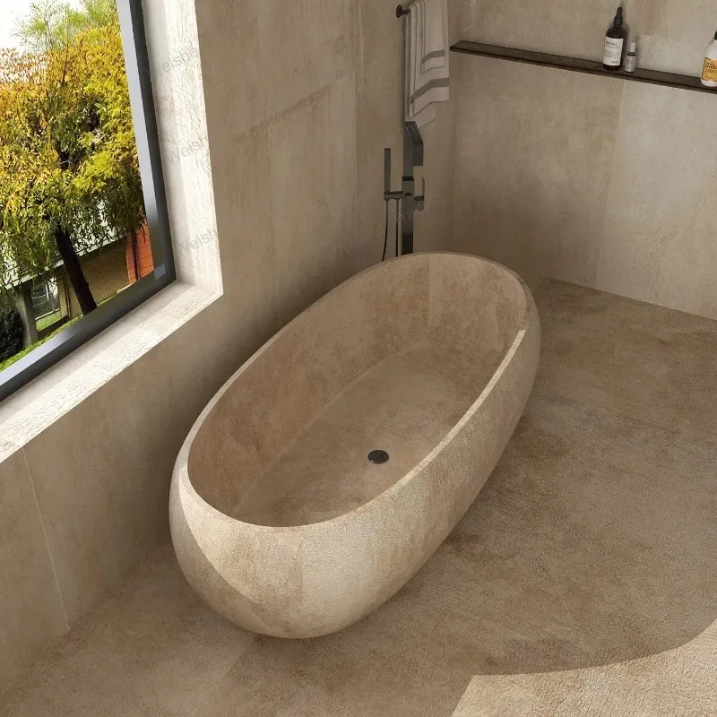 Retro Natural Marble Bathtub Compact Oval Deep Soaking Tub for Two Adults Heat-Retaining for Small