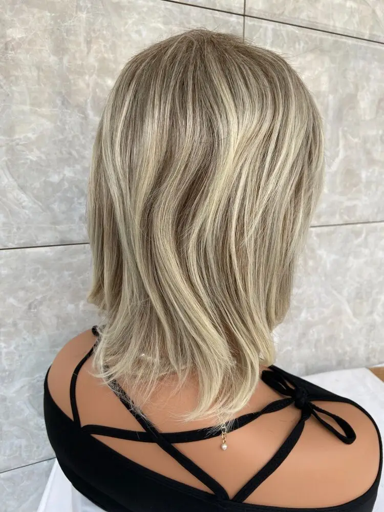 Short Bob Fluffy Blonde Human Hair Blend Heat Bangs Women Soft Wigs