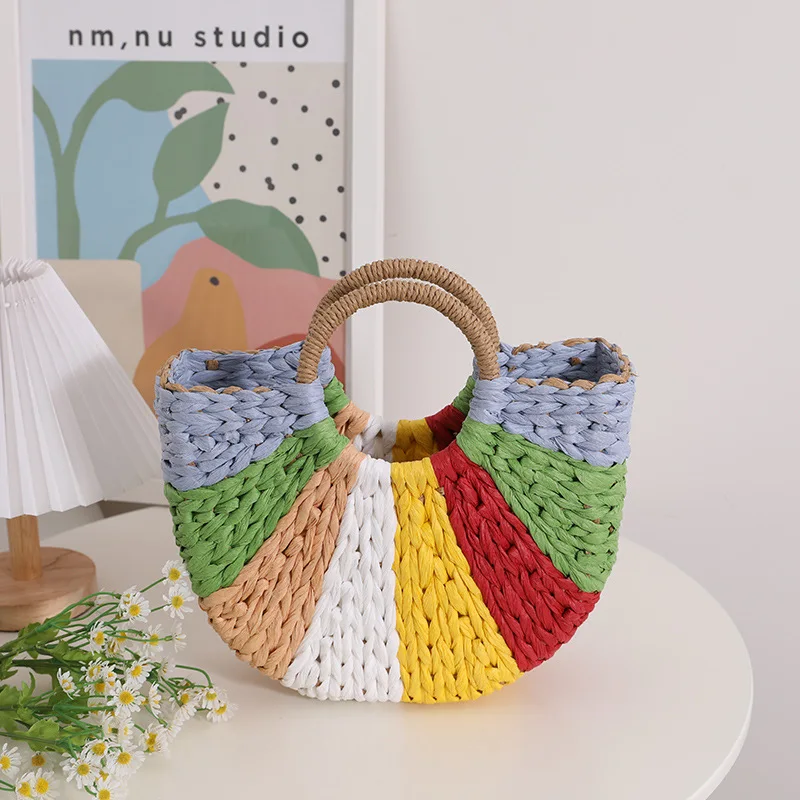 Borsa a cesto di paglia arcobaleno borse con manico rotondo borse in Rattan intrecciato di colore bohémien per le donne borsa da spiaggia da viaggio estiva Bali 2024 Tote