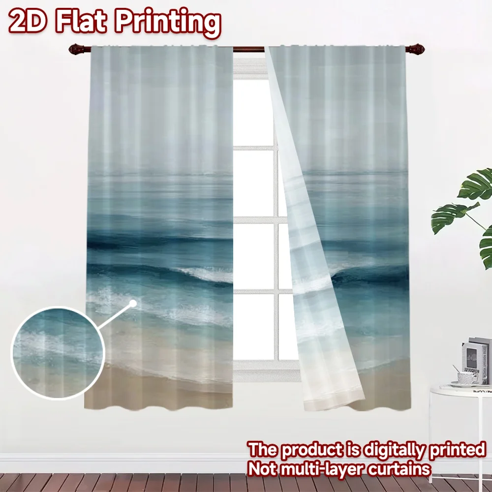 2D flat printing 2pcs Curtain Curtains Peaceful Ocean View Digital Printed Polyester Drapes Birthday Party Perfect for Holiday