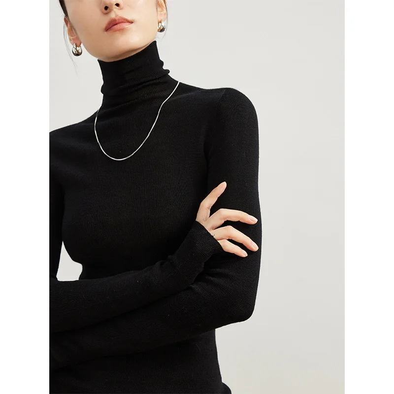 2025 Women's Fashion Autumn/Winter New Light Luxury 18 Needle Seamless Knitted 100% Wool High Neck Solid Color Base Sweater