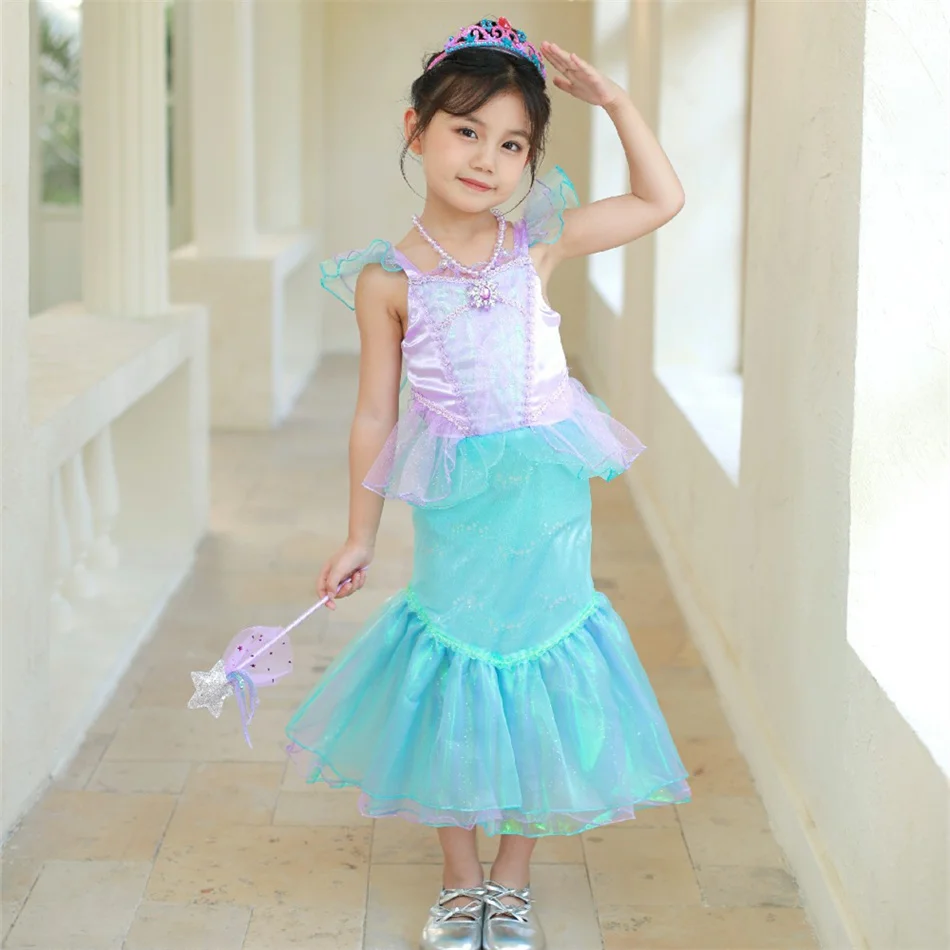Girls Mermaid Birthday Party Princess Dress Ariel Cosplay Carnival Halloween Costume Kids Ruffles Fantasy Fishtail Elegant Gown