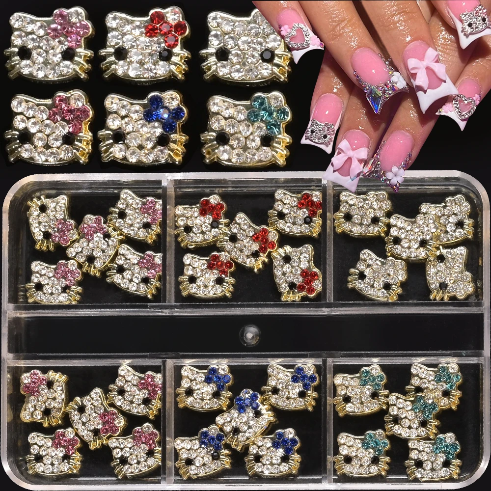 6 그리드/박스 3D 전체 다이아몬드 헬로키티 고양이 네일 참 믹스 합금 크리스탈 키티 네일 라인스톤 만화 애니메이션 네일 아트 장식