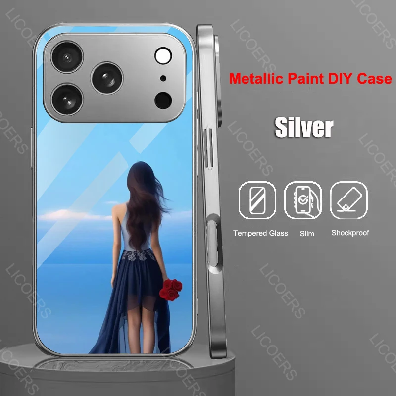 Etui z hartowanego szkła na iPhone'a 17 16 15 14 13 12 Pro Max Air Plus Mini, metaliczny lakier, bumper, możliwość samodzielnego nadruku zdjęć. — zdjęcie produktu 3