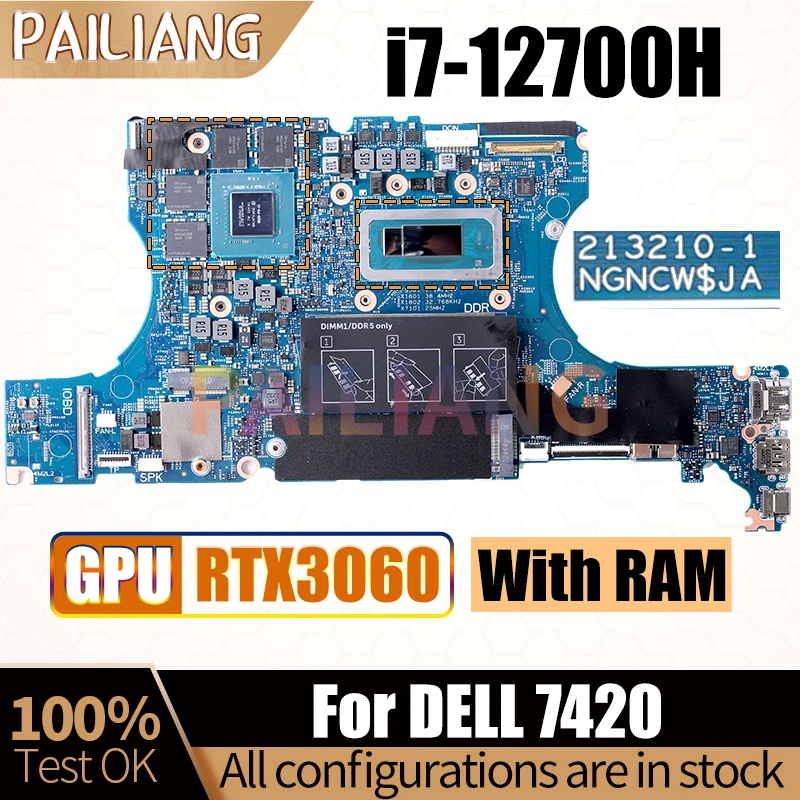 For Dell 7420 Notebook Mainboard 213210-1 SRMAU i7-12700H RTX3060 GN20-P0-A1 0989M2 With RAM Laptop Motherboard Full Tested