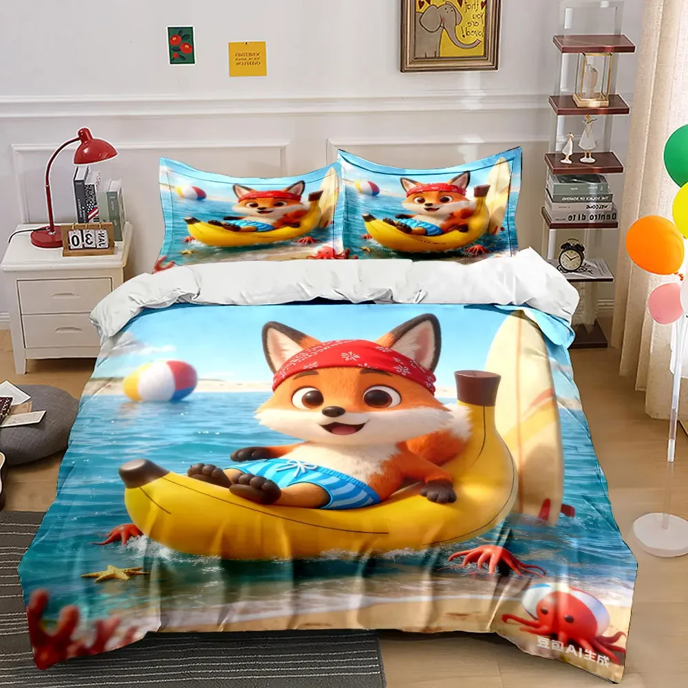 Beach Adventure Fox Toy Set Multiple sizes kid's and adults' bedroom Exquisite 3PC bedding set, gift