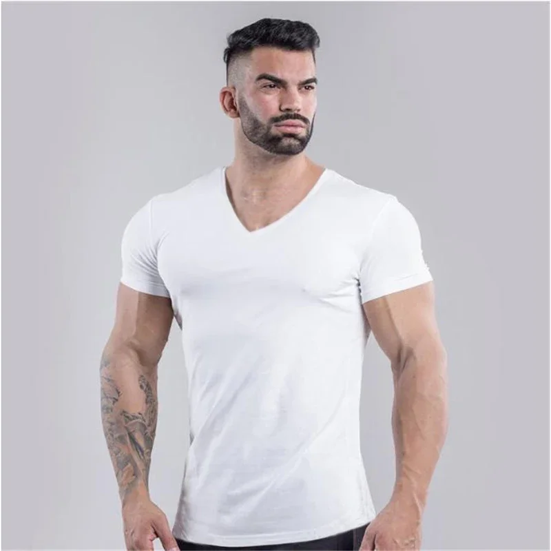 Brand Summer Cotton T-shirt Men V-neck Fashion Design Slim Fit Soild Sports T-shirts Male Tops Tees Short Sleeve T Shirt For Men