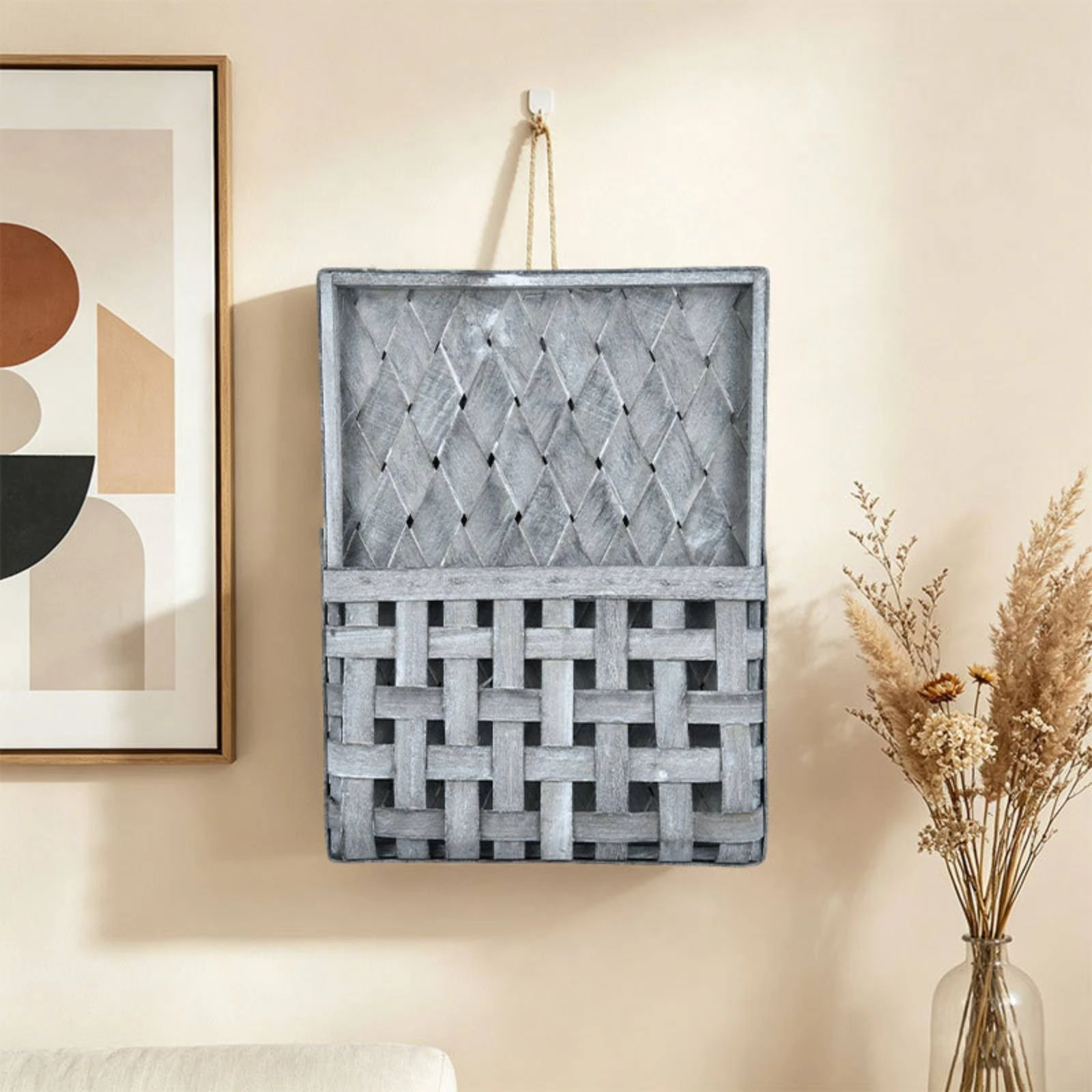 Handcrafted Woven Wall Basket Wall Mounted Storage Organizer for Tidy Home Entryways and Kitchens