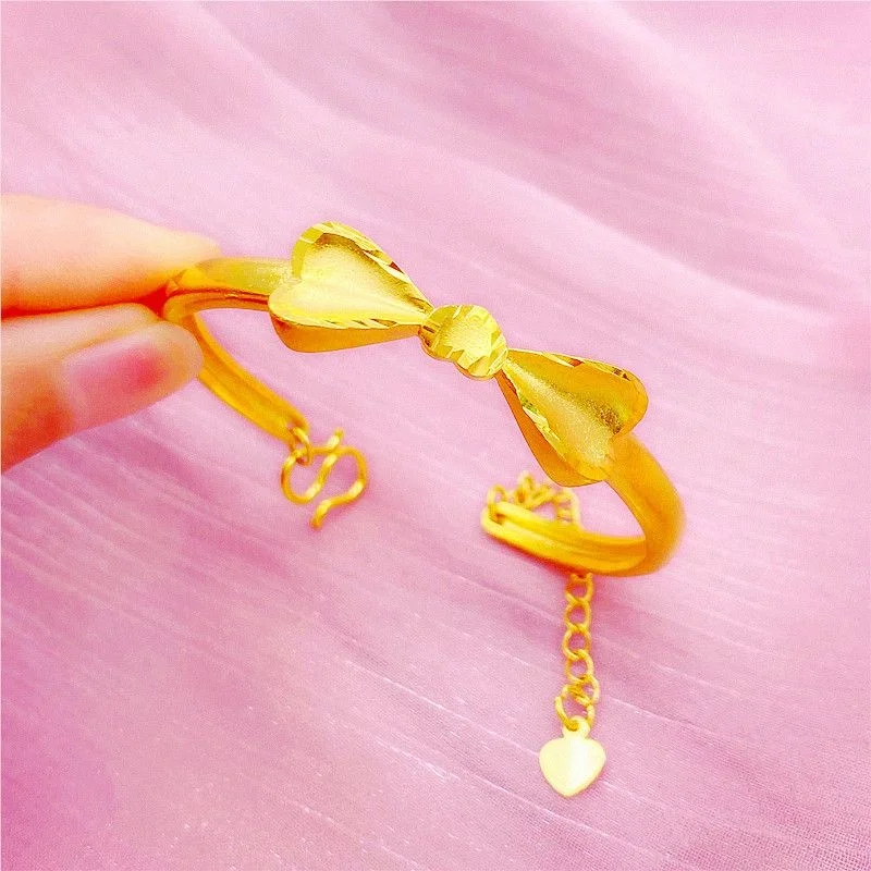 Plated 100% Real Gold 24k 999 Color Bracelet Open Girl Temperament Bowknot Does Pure 18K Jewelry