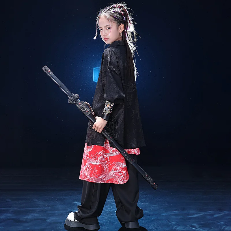 Chinoiserie Boys Street Dance Long Sleeve Printed Shirt +Wide Leg Pants Girls Hip Hop Martial Arts Performance Jazz Streetwear