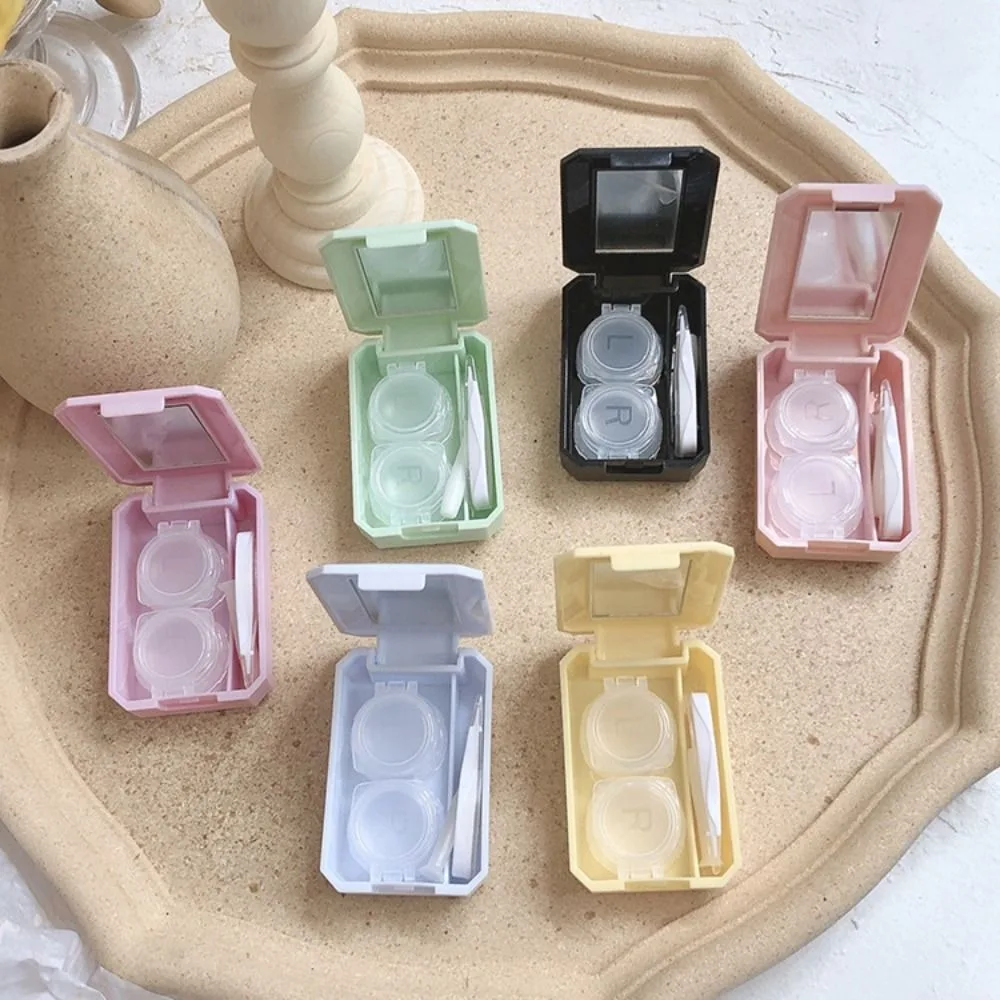 Cute Portable Contact Lenses Box Mini Solid Colored Contact Lens Case with Mirror Storage Box Eye Care Kit