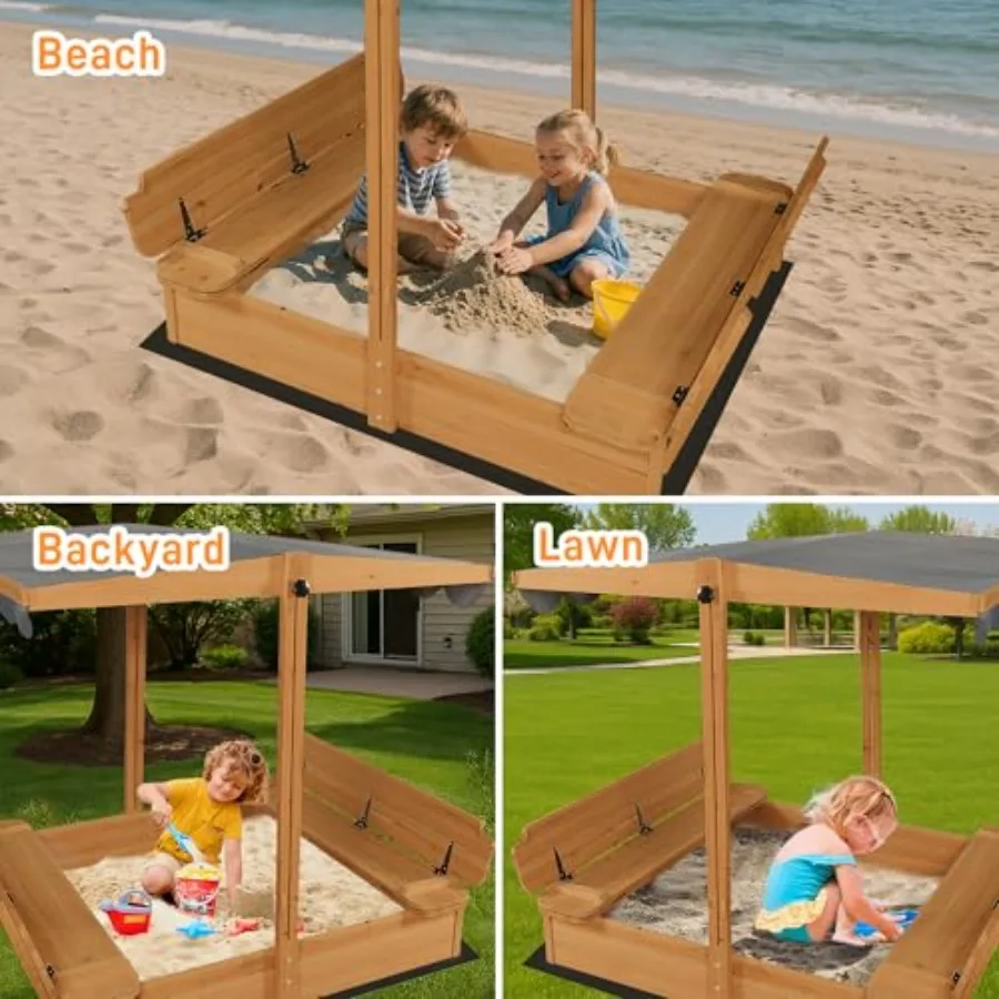 Outdoor wooden sandbox for garden or patio use, natural wood color, foldable bench seat with lid cover and bottom liner, 48x48