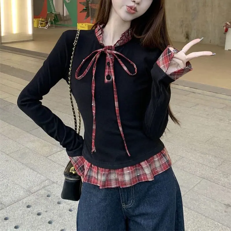 

Female Clothing Plaid Patchwork Blouse Vintage Long Sleeve Spring Autumn Stylish Drawstring Bow Casual Basic Slim O-Neck Shirts