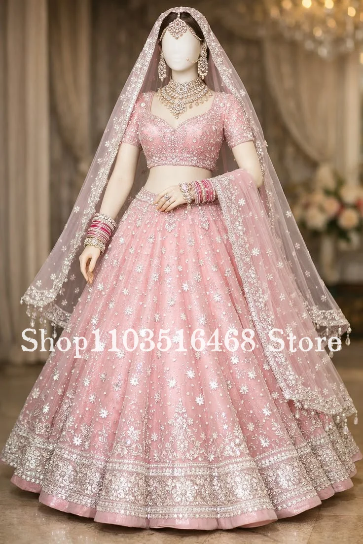 Vestido de Novia Indio Lehenga Choli Dupatta Color Rosa Polvoriento con Cuentas Plateadas, Vestido de Boda Tradicional del Sur de Asia Personalizado 2026