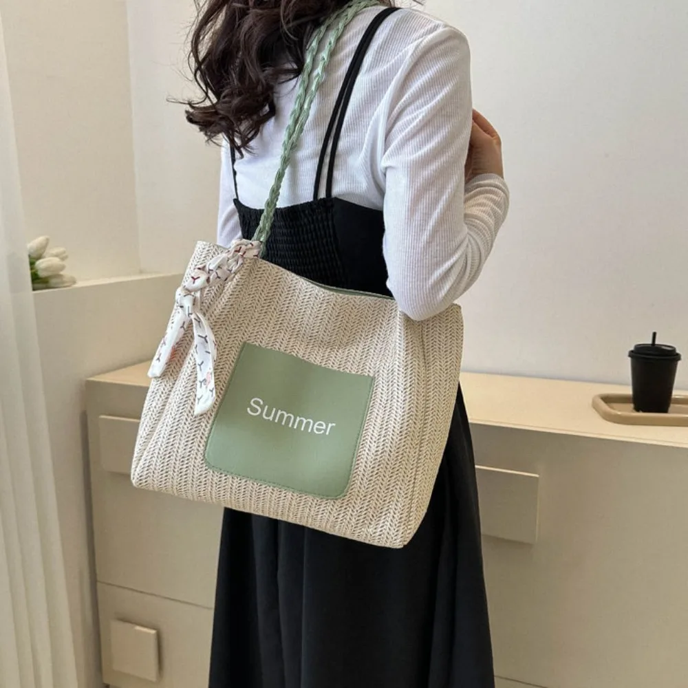 Trendy Straw Woven Scarves Tote Bag Casual Shoulder Bag Beach Bag Daily Commuting Bag Underarm Bag Large Capacity Handbag