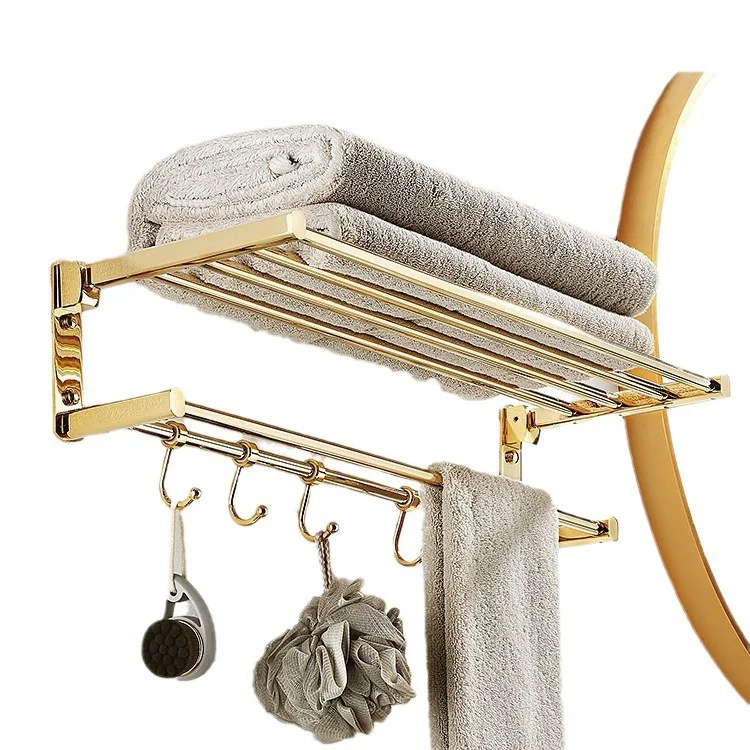 

All-copper gold towel rack set Wall-mounted folding towel rack European towel bar Toilet bathroom rack