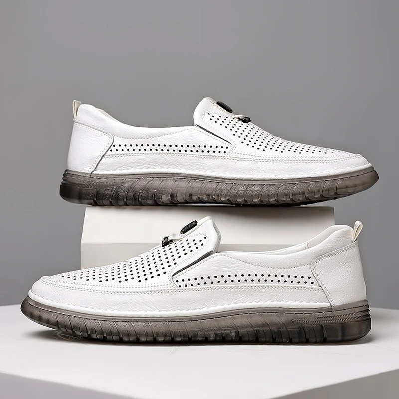 Summer White Perforated Leather Shoes Mens Slip on Shoes Genuine Leather Male Comfortable Casual Shoes Male Comfortable Loafers