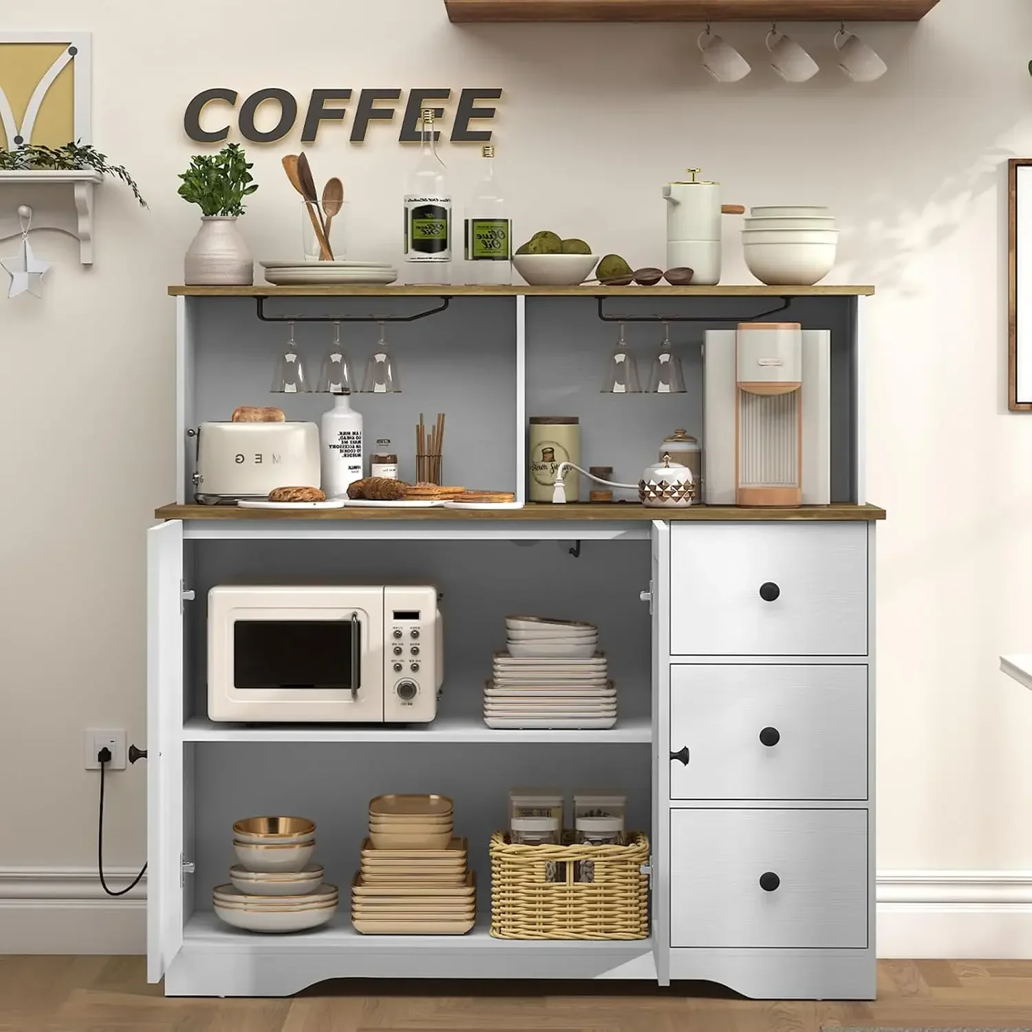 Farmhouse Coffee Bar Cabinet with Power Outlet, Sideboard Buffet Cabinet with Wine and Glass Rack & Adjustable Shelves