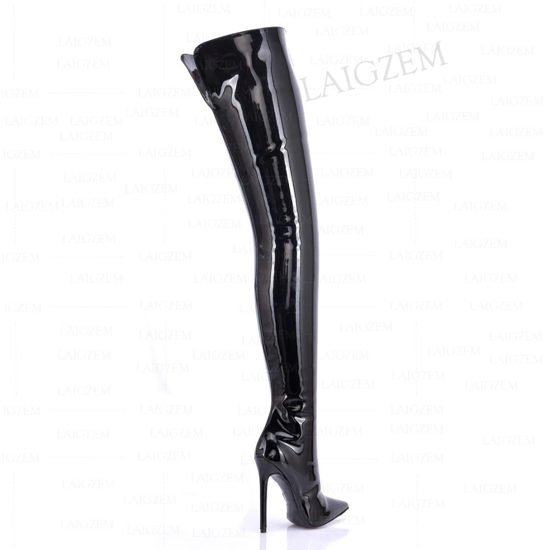 ZHIMA Women Crotch High Boots Shiny Side Zip Pointed Toe High Heels Boots Thigh High Ladies Shoes Woman Big Size 41 43 45 47